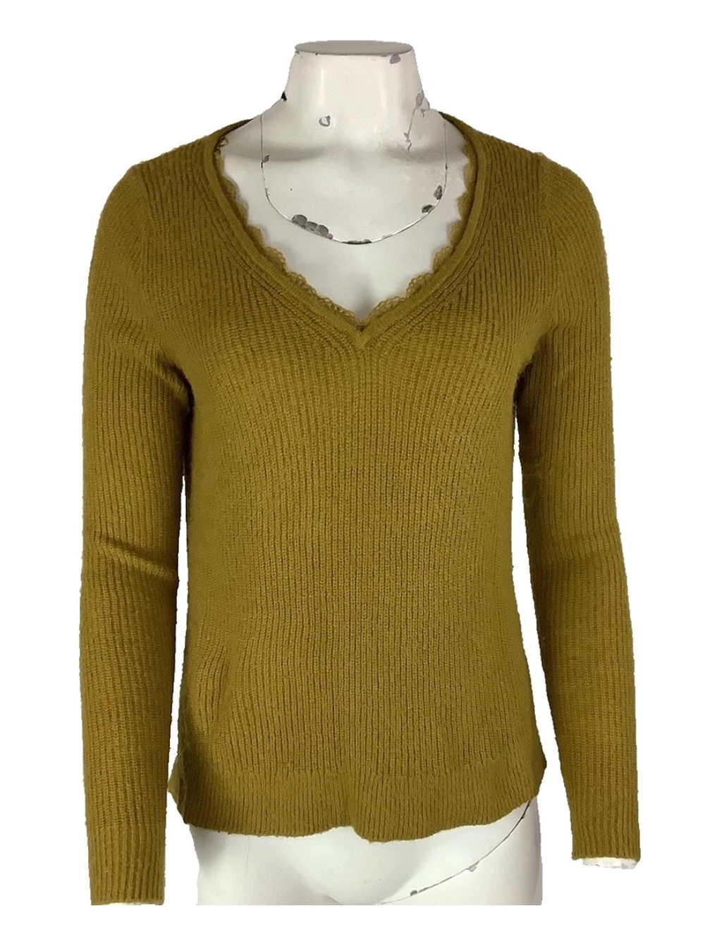 Boden Sz 8 Alpaca Blend Lace Trim Ribbed Knit Lightweight V Neck Sweater Gold